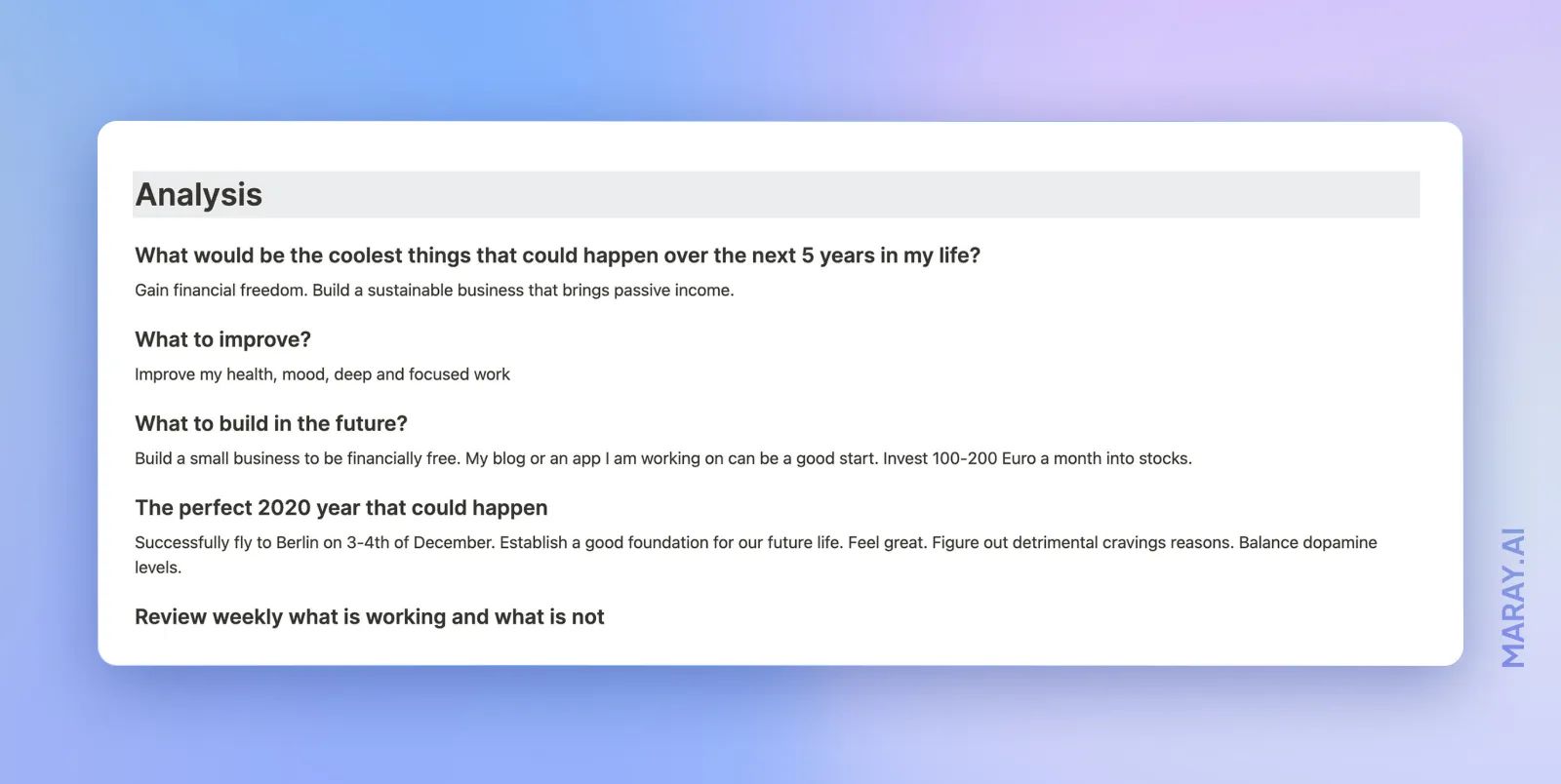 Questions for self-reflection and analysis for the goal system