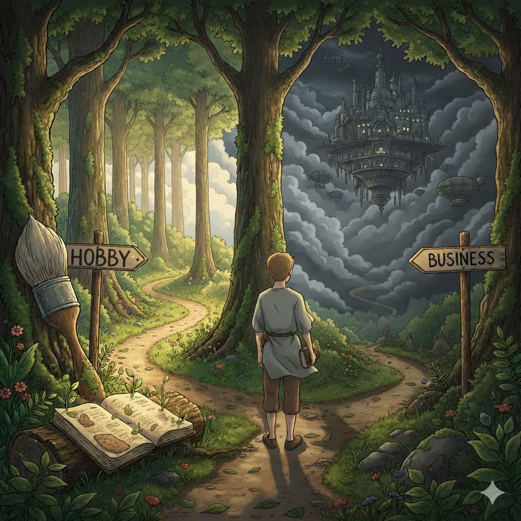 An image showing a fork on the road: a path for a builder to continue as a hobby, or as a path to build a business.