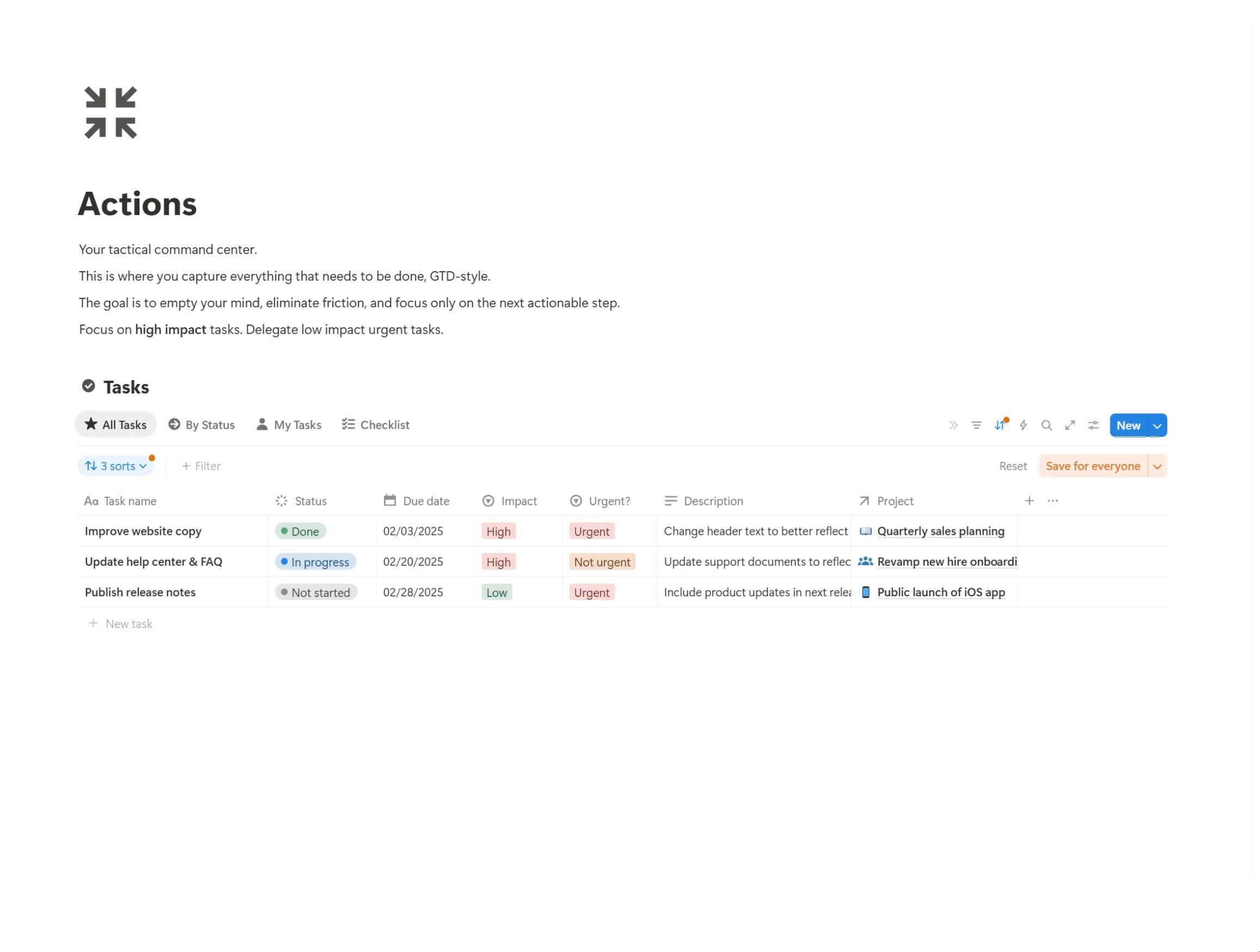 A GTD-style task management system in Notion for organizing daily actions, showing an inbox and prioritized to-do list.