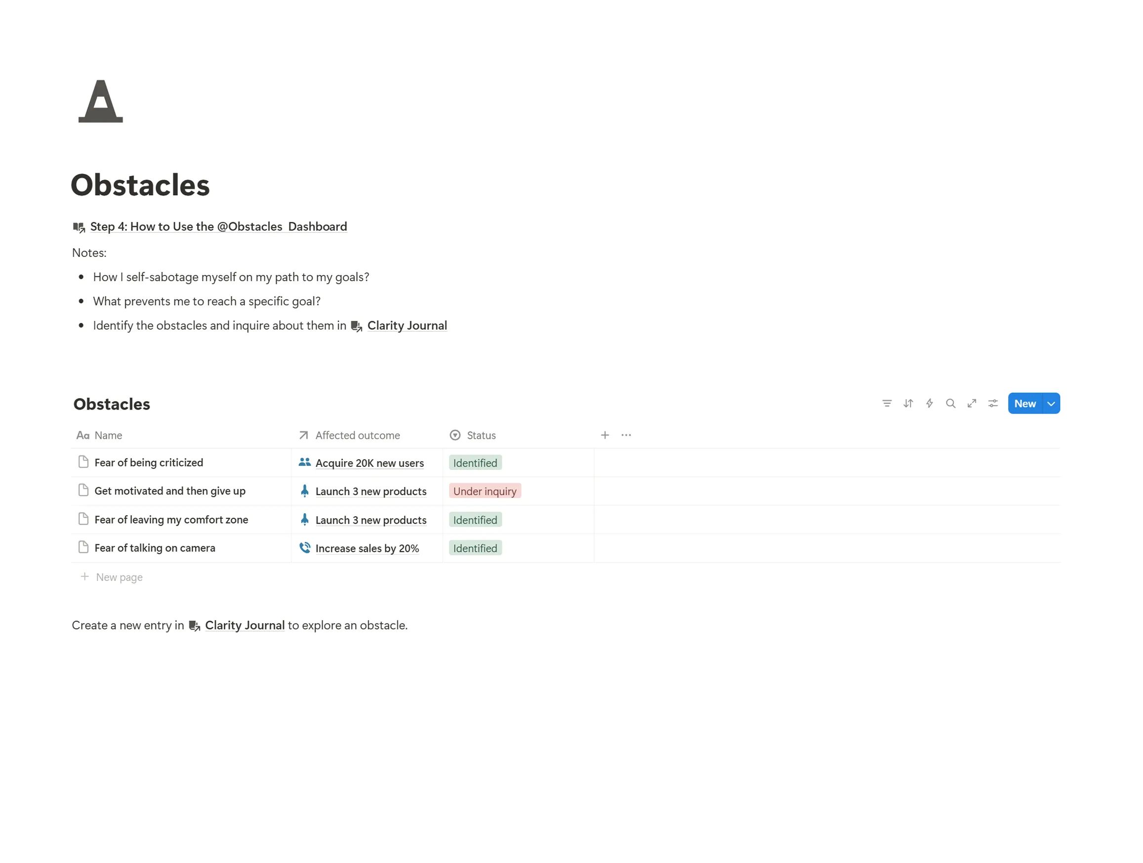 The unique Obstacles dashboard in Life OS, a tool for identifying and overcoming internal resistance like procrastination and self-sabotage.