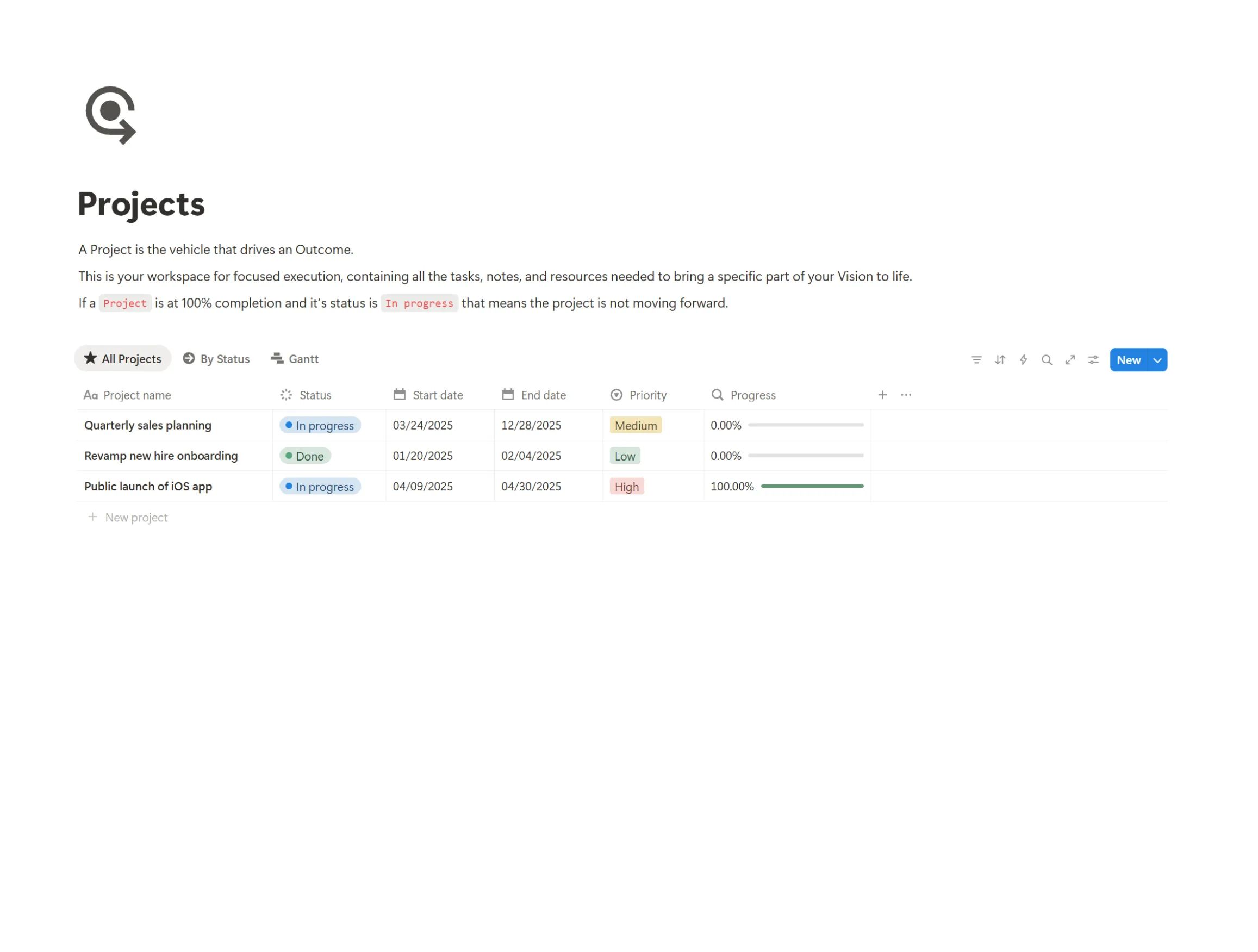 The project management dashboard in the Life OS Notion template, displaying active projects in a clean, organized board view.