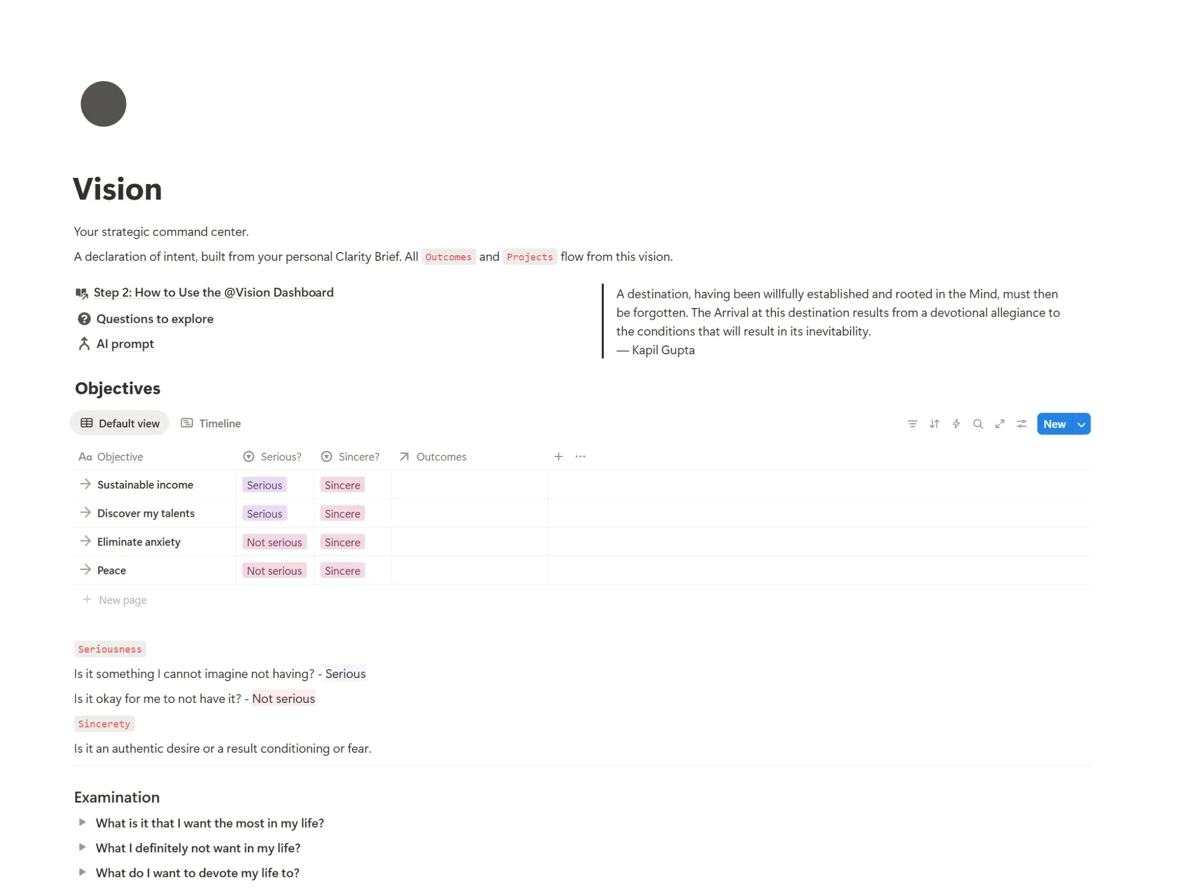 A minimalist Vision dashboard in Notion for defining high-level objectives and strategic life goals within the Life OS.
