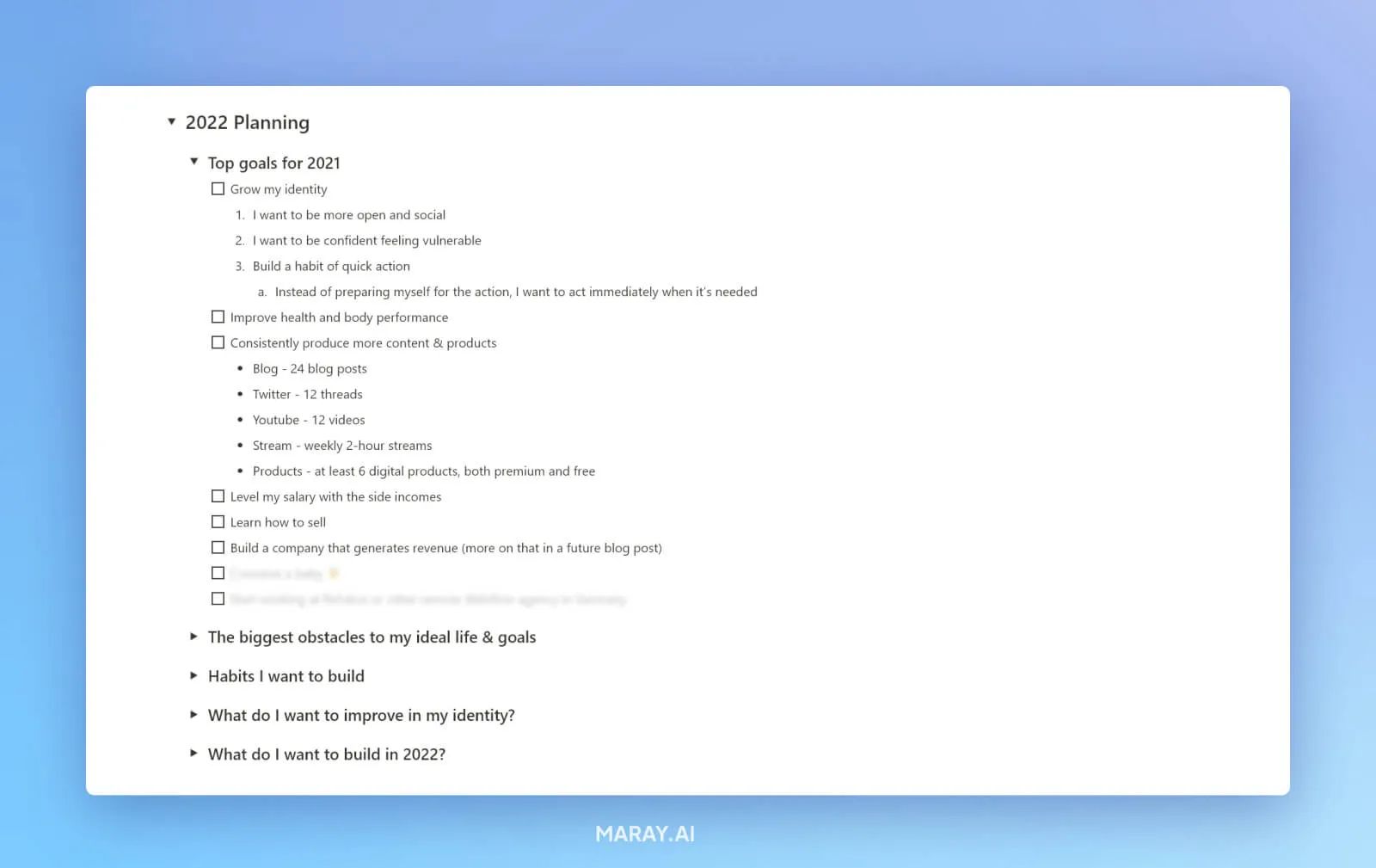 Planning part of the template for my yearly review.