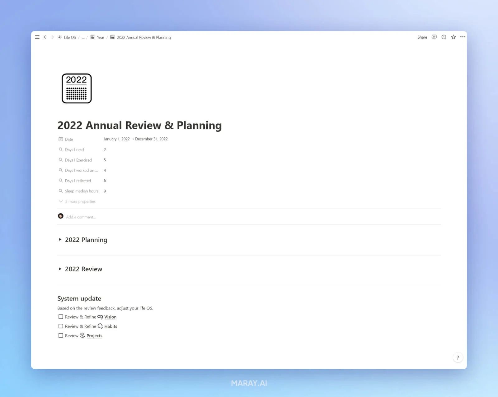 Annual life review and planning template in Notion.