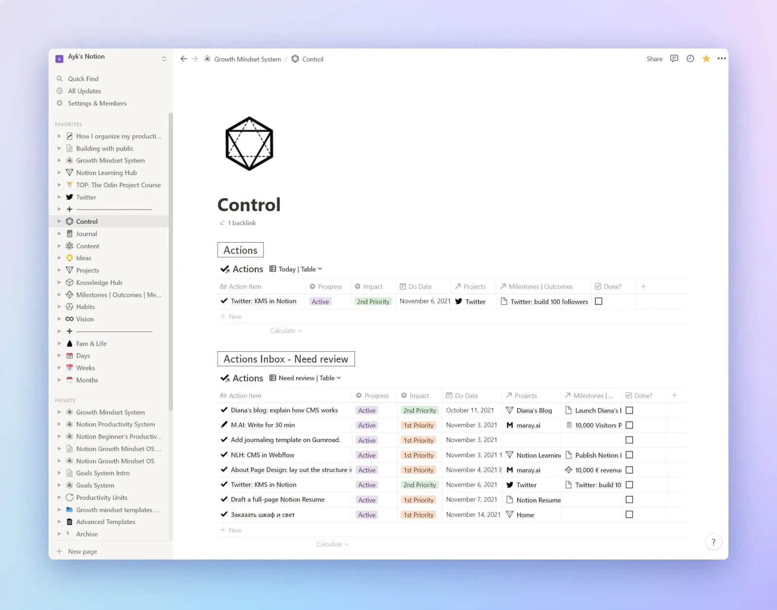 GTD Dashboard in Notion saved on the sidebar.