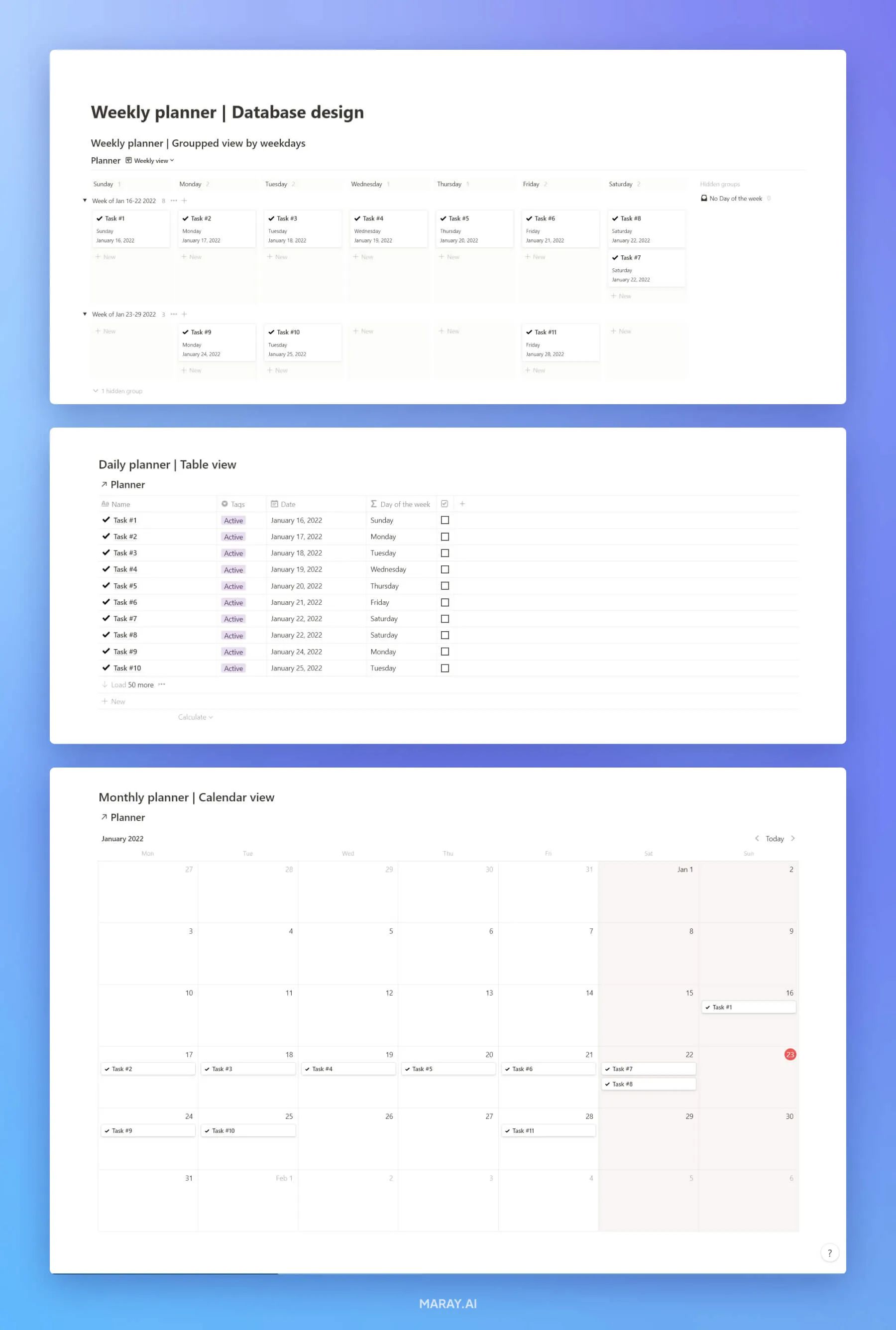 Database daily, weekly and monthly planners in Notion.