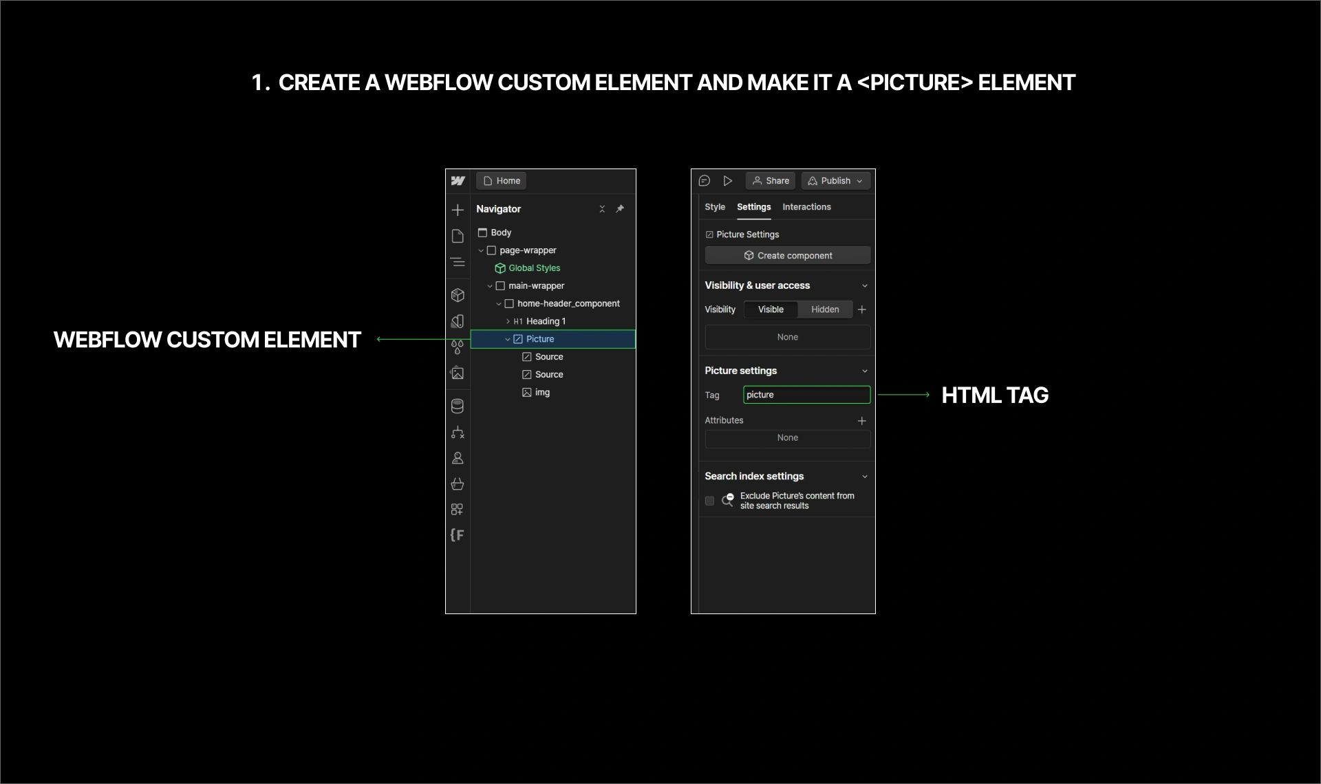 An image showing how to create an html picture element in Webflow.