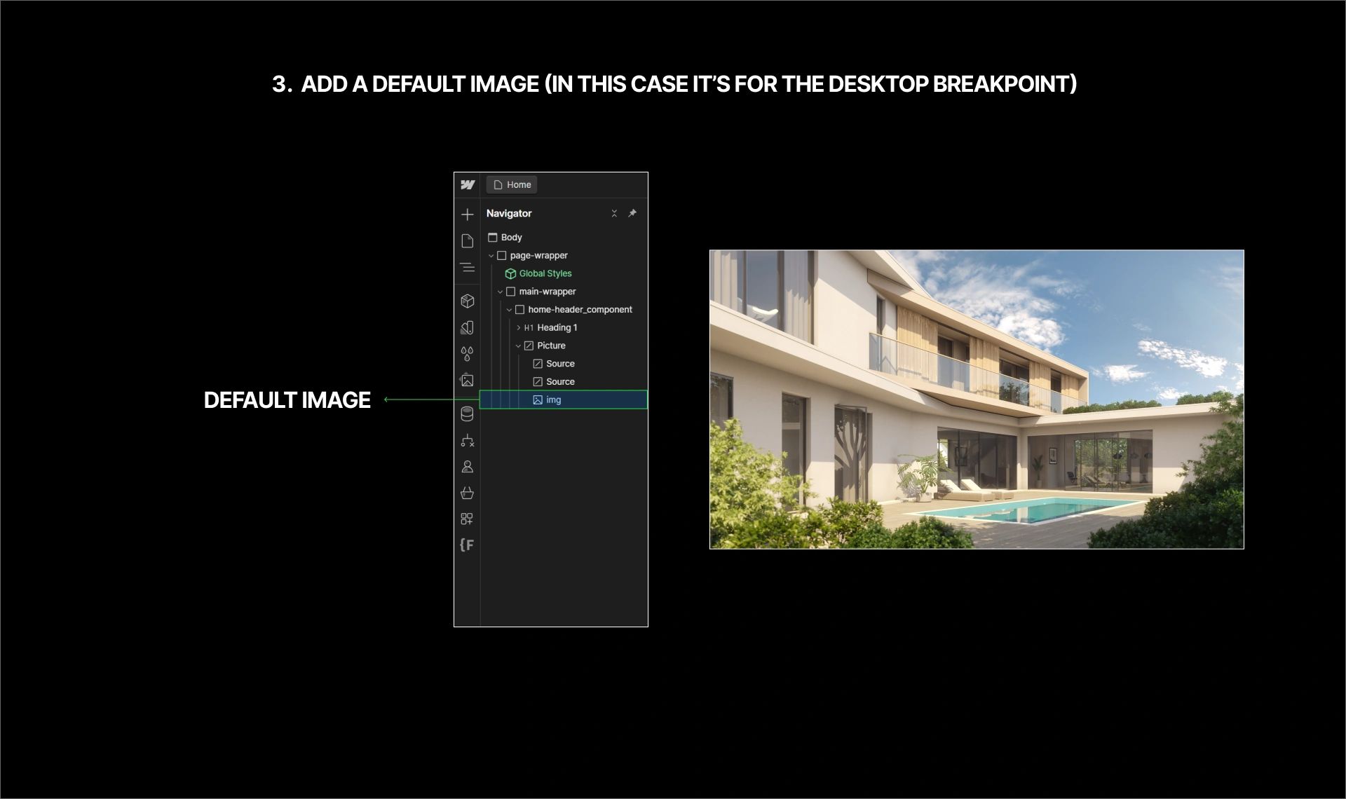 An image showing the default image in the html picture element in Webflow.