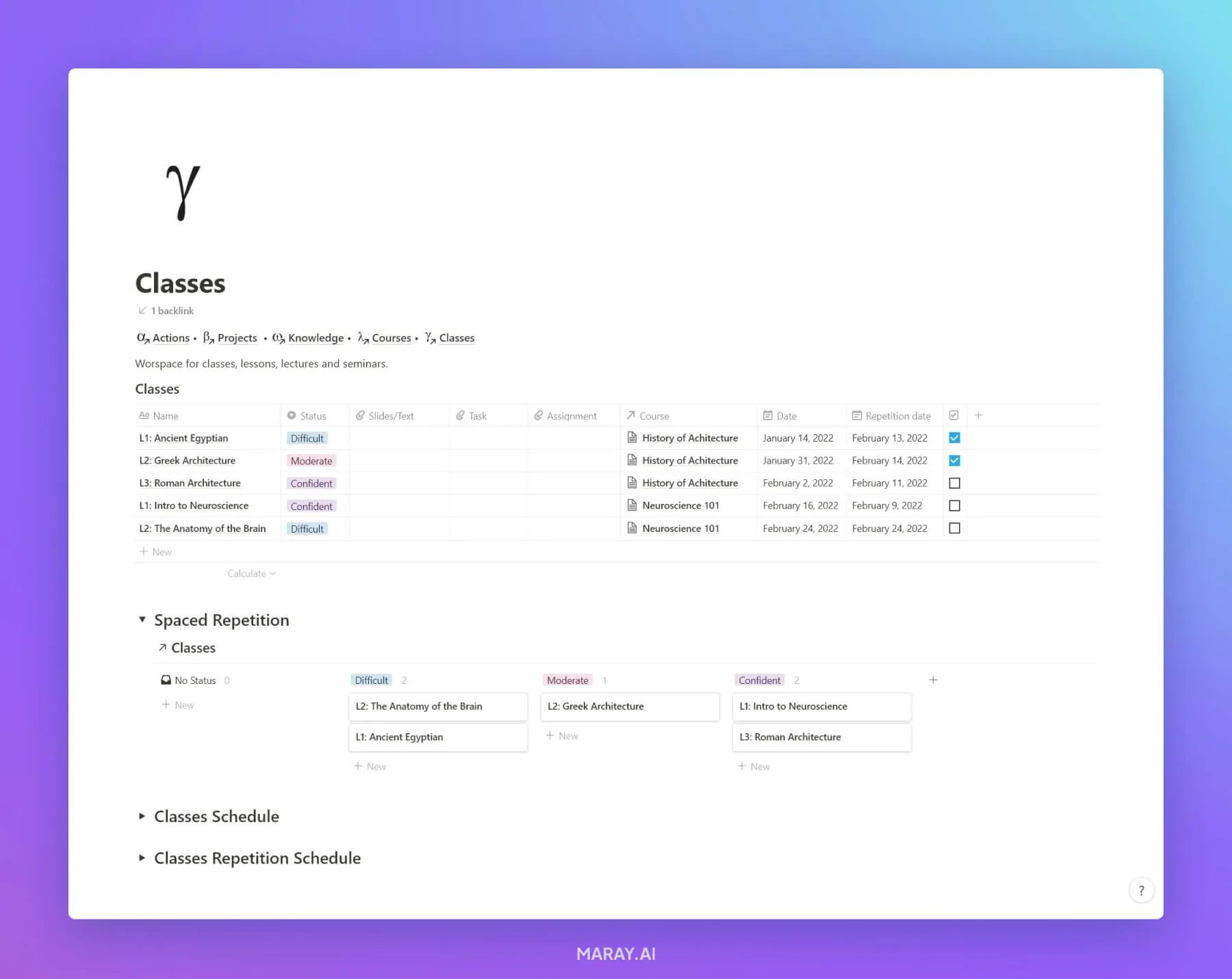 Classes dashboard template in Notion.