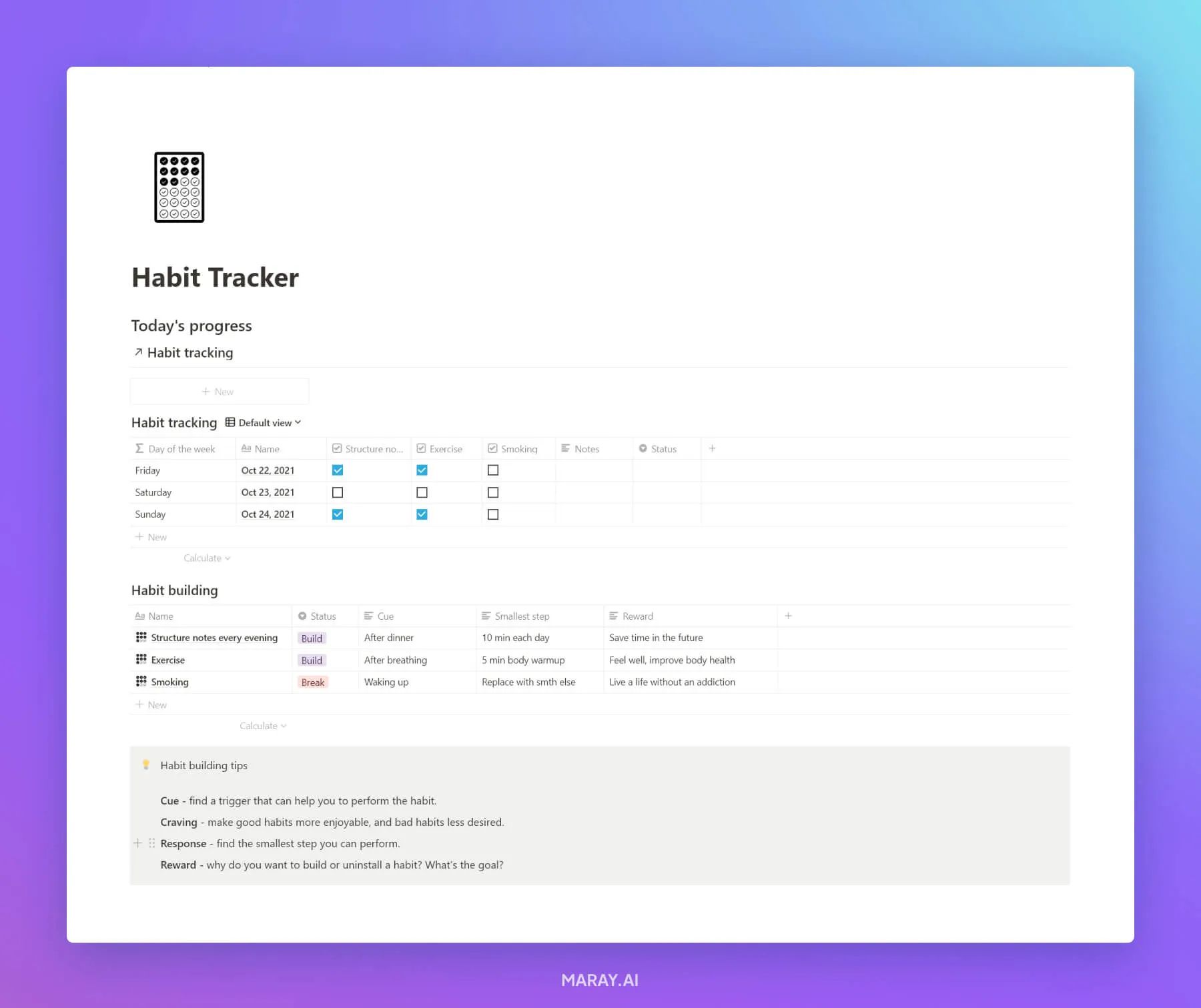 Habit tracker that I use to track my habits in Notion.