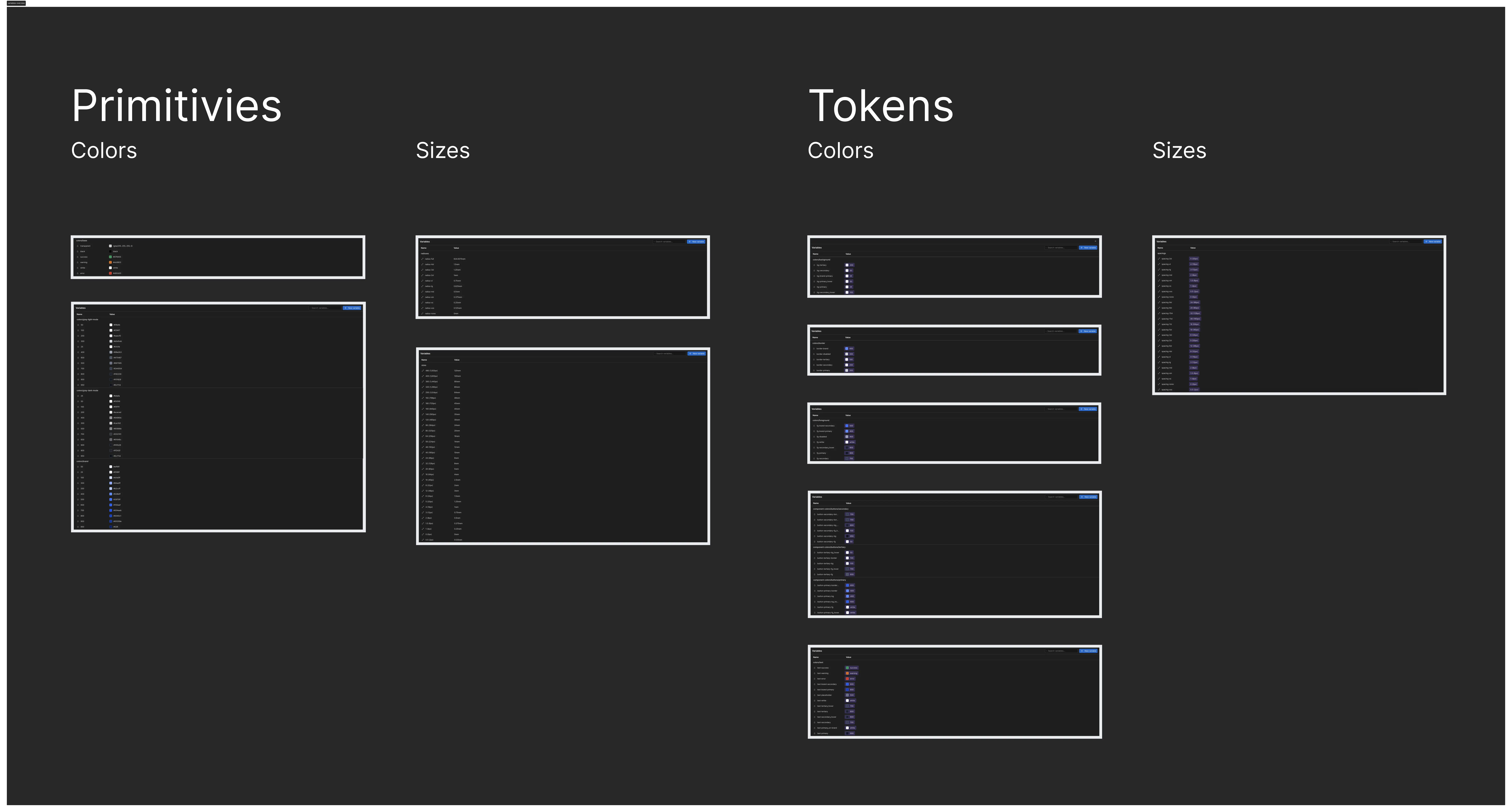 An overview of the variables in Webflow that are synchronized from the design system in Figma.