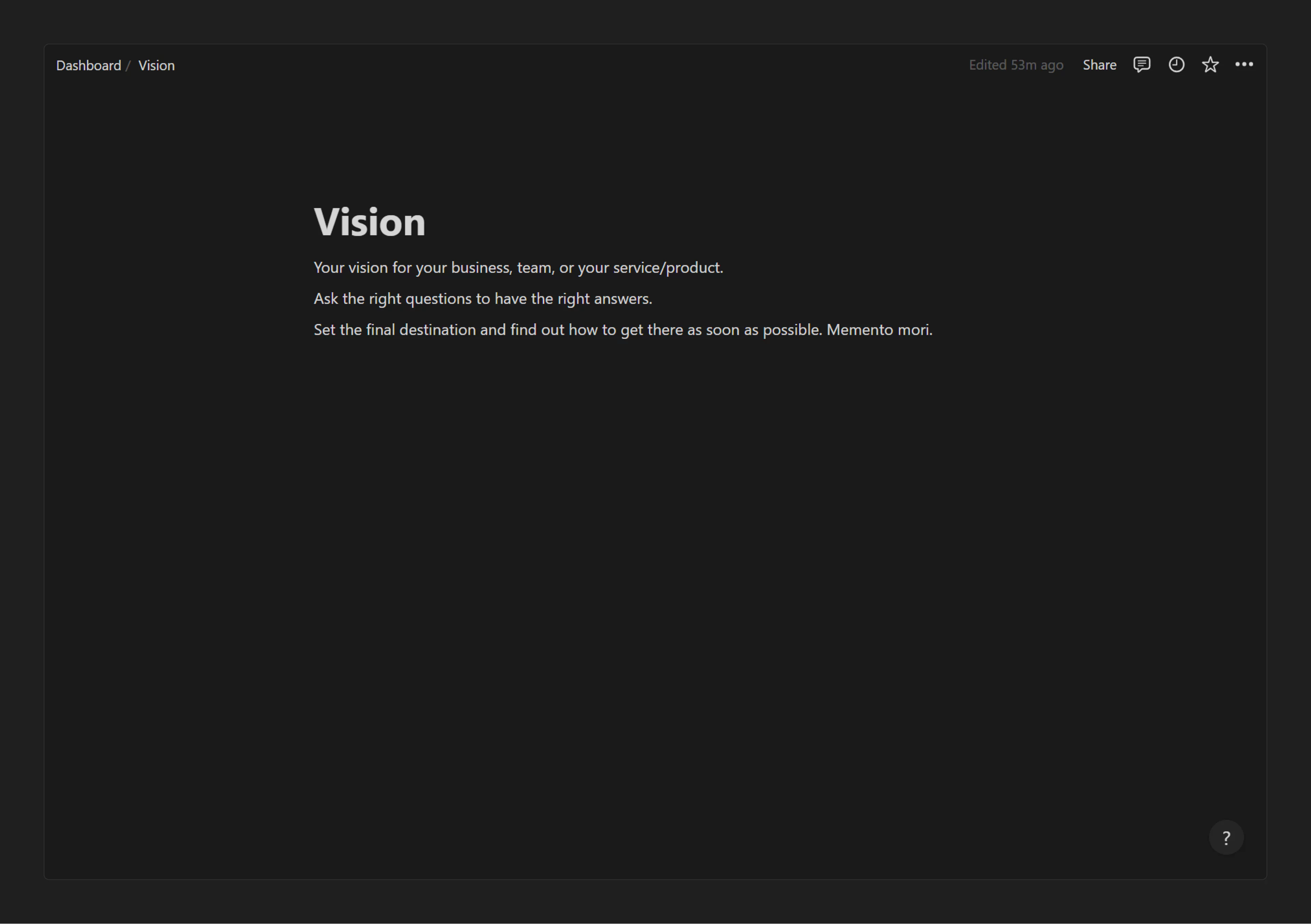 Business OS Vision page in Notion where you outline company's goals.