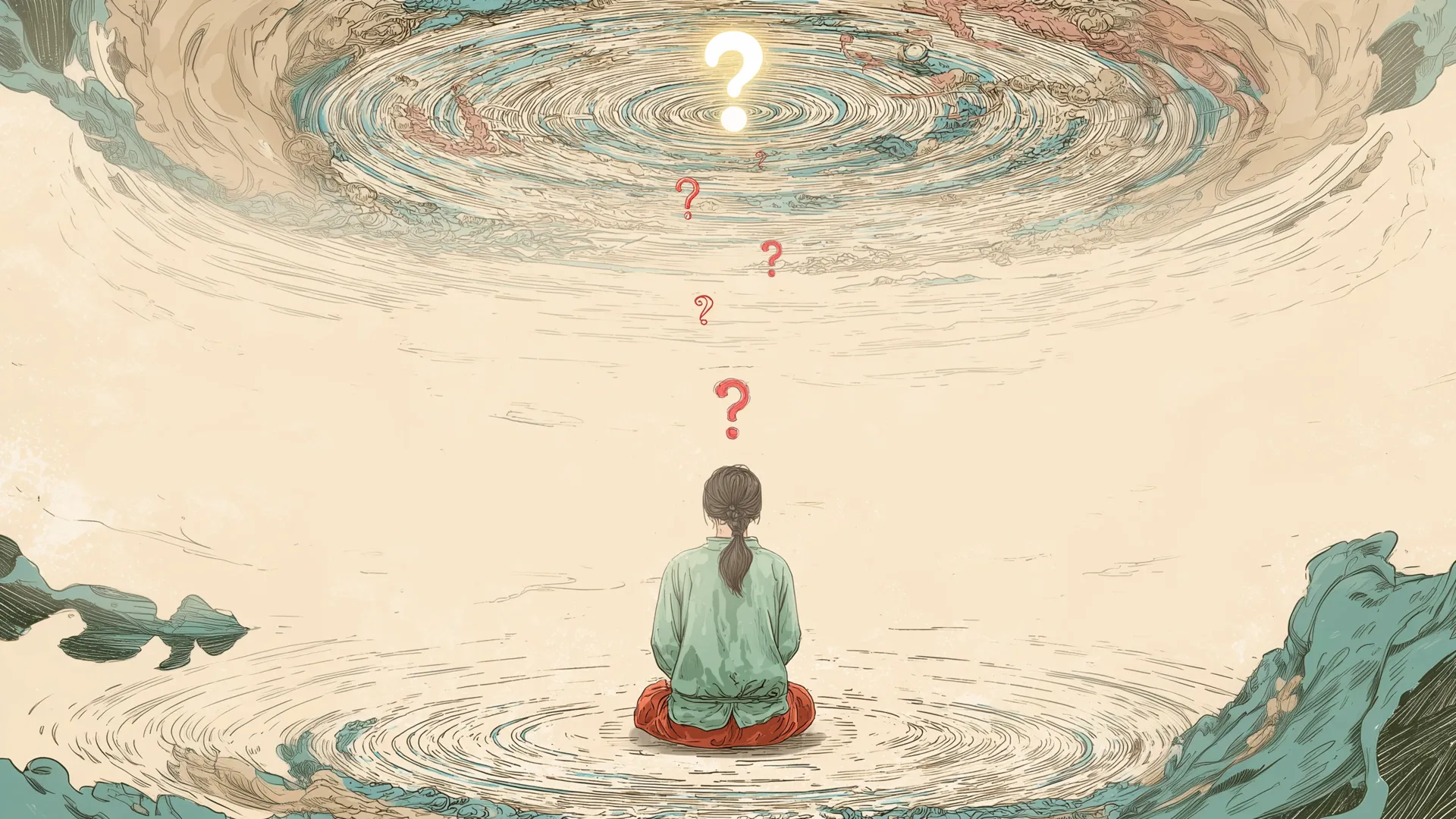 A conceptual illustration of self-inquiry, showing a person meditating to find the source of their inner chaos and answer the one question before building a Life OS.