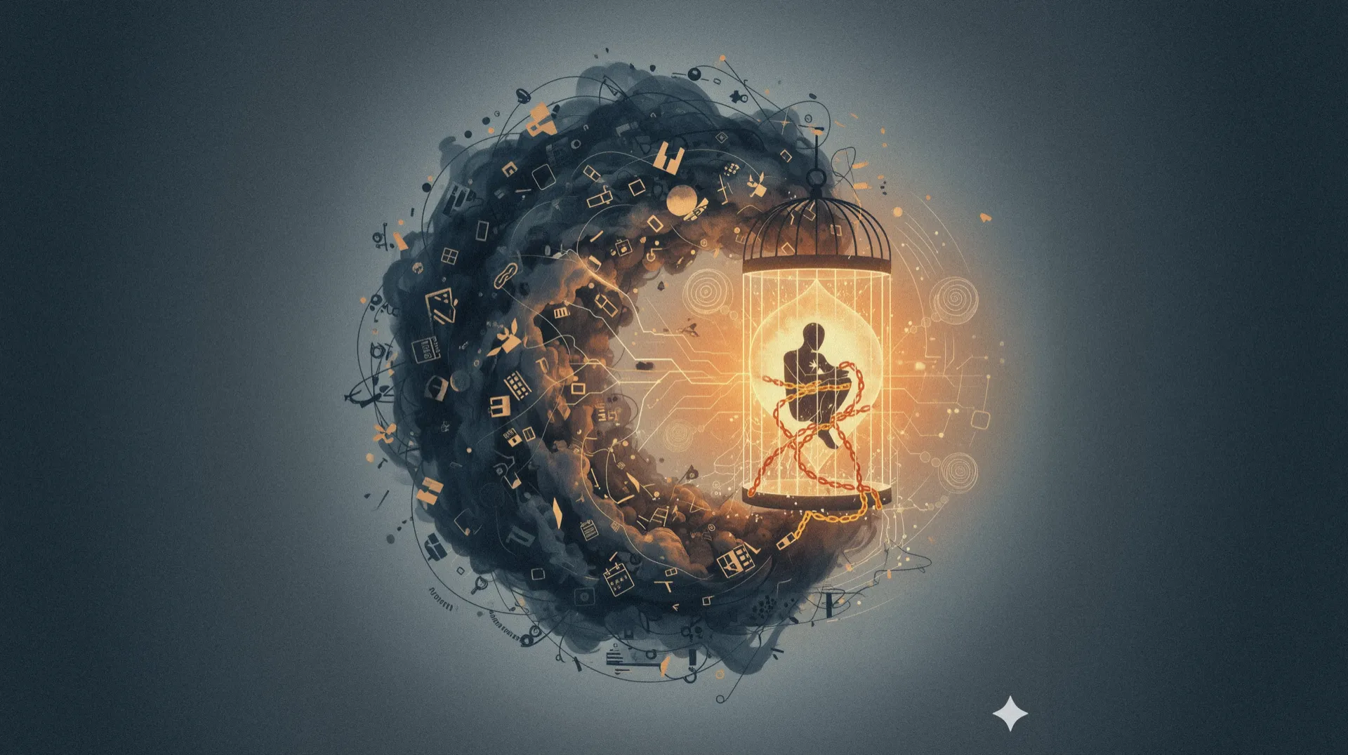 Image representing the article's theme of finding the source of chaos: an inner glowing figure (fear/problem) in a cage, whose energy creates an outer cloud of disorganized digital elements (chaos/symptom).
