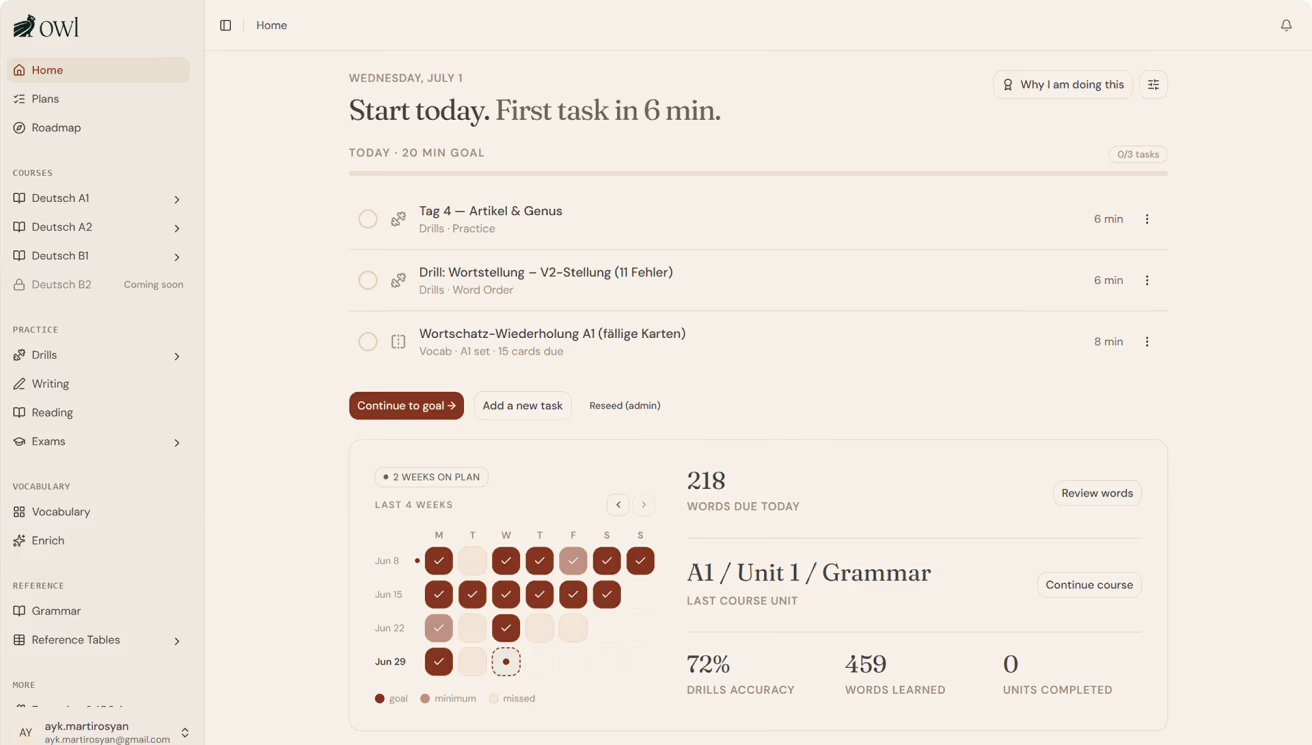 One Who Learns dashboard screenshot